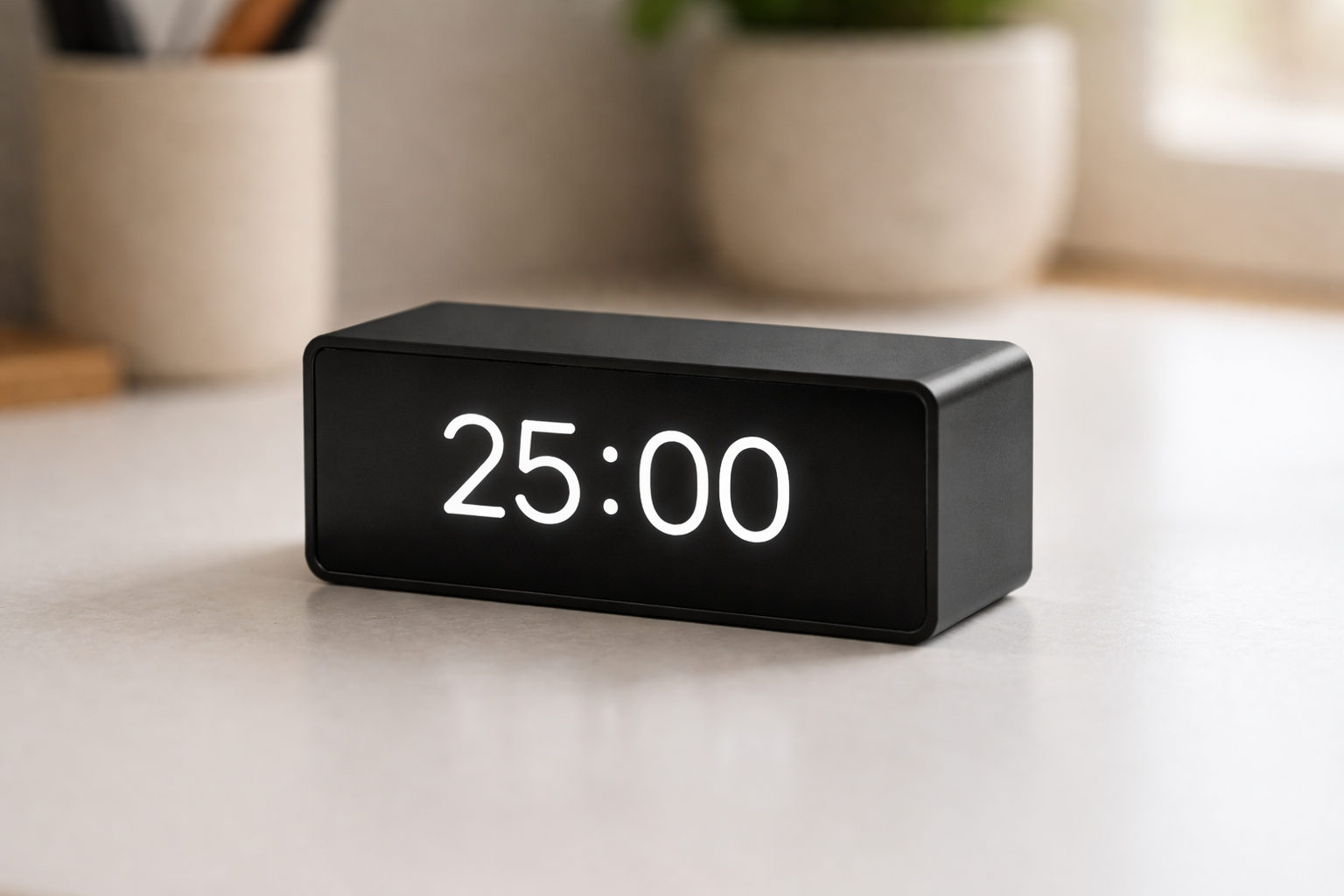 FocusClock close-up showing 25:00 on display